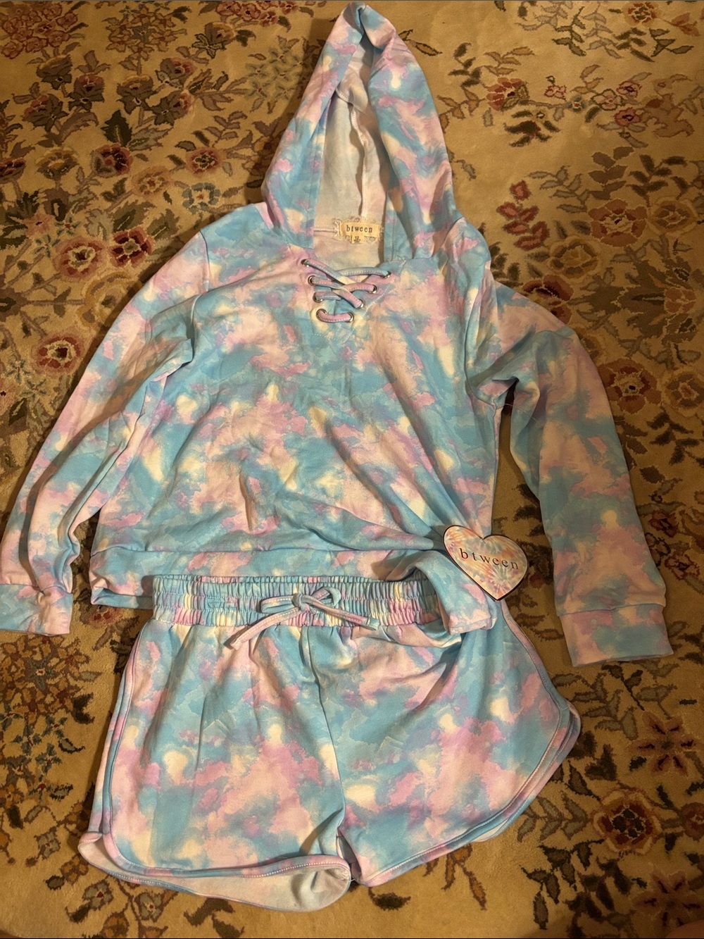 Btween Girls' Pastel Tie-Dye Hoodie & Shorts Matching Set - Blue/Pink